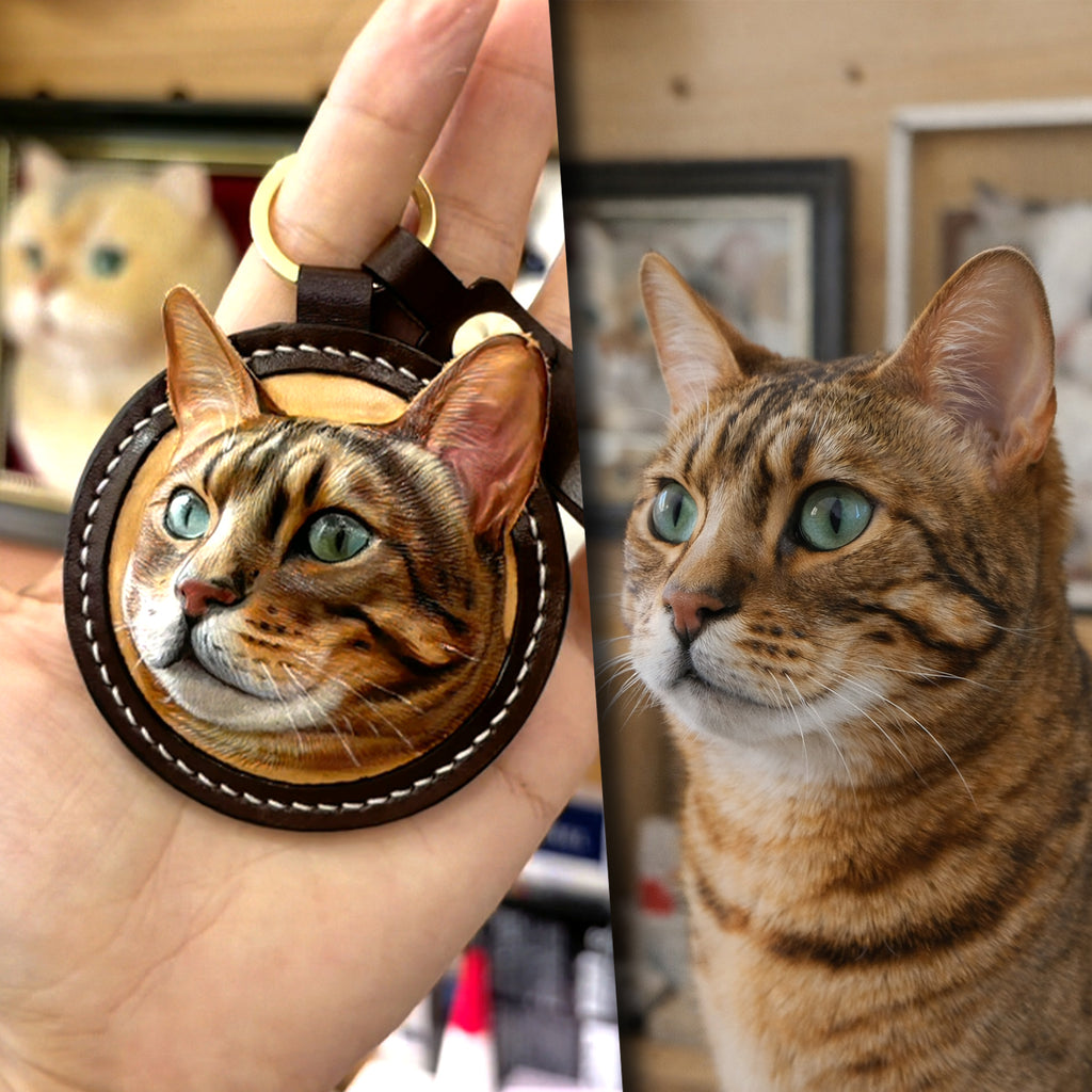 Custom Leather Pet Keychain, Hand Carved Pet Portrait Keyring, Personalized Cat Dog Gift