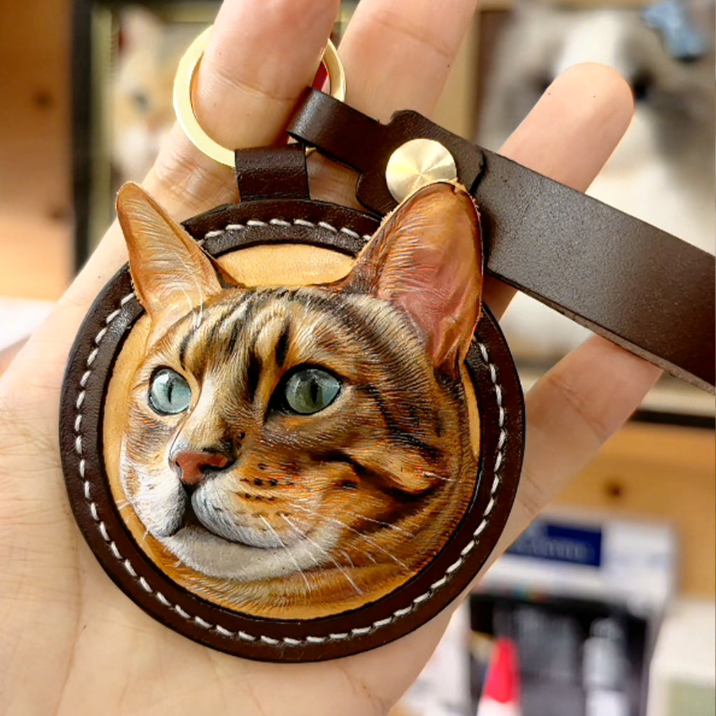 Custom Leather Pet Keychain, Hand Carved Pet Portrait Keyring, Personalized Cat Dog Gift