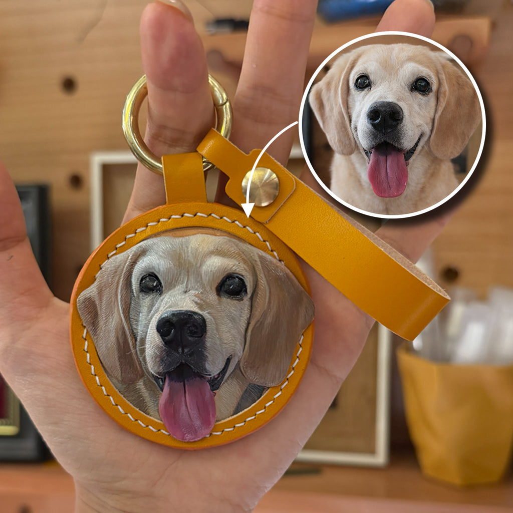 Custom Leather Dog Keychain, Hand Carved Pet Portrait Keyring, Personalized Dog Gift