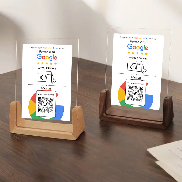 Smart Google Review Invitation Card with Wooden Holder